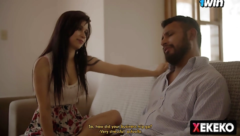 Brunette girl in red tights is getting fucked by a dude