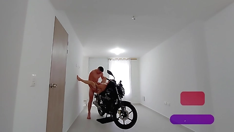 Sexy brunette riding with her stepbrother on her bike