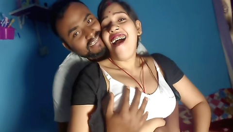 Indian wife with big tits rubs a cock in her pussy